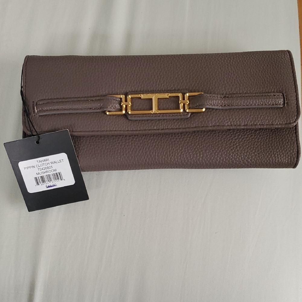 Tahari Mushroom Brown Leather Clutch with Gold Accent